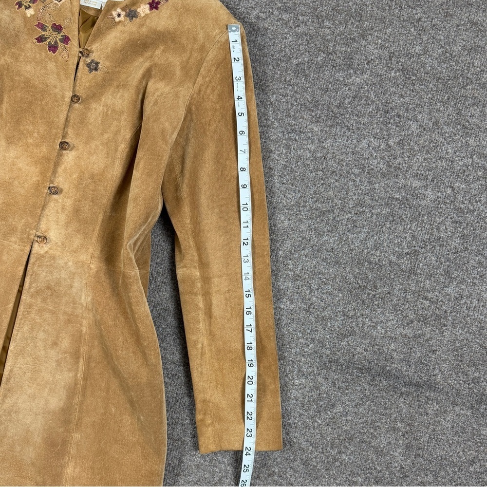Margaret Godfrey Tan Suede Leather Coat Women’s 6 Embroidered Florals Mid Length - Picture 8 of 12